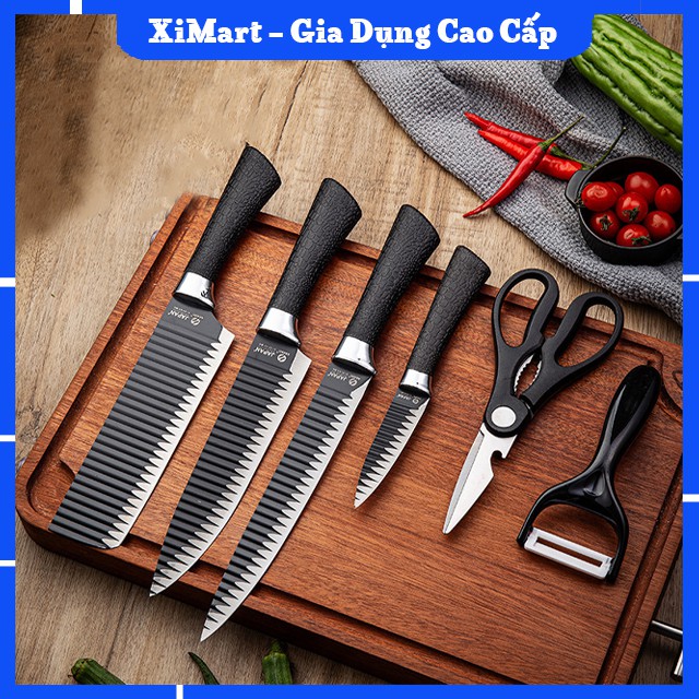[MỚI] Bộ Dao Nhật 6 Món Làm Bếp Cao Cấp Bằng Hợp Kim, Lưỡi Sóng Siêu Sắc Siêu Bền Chống Dính Cực Tốt - XiMart
