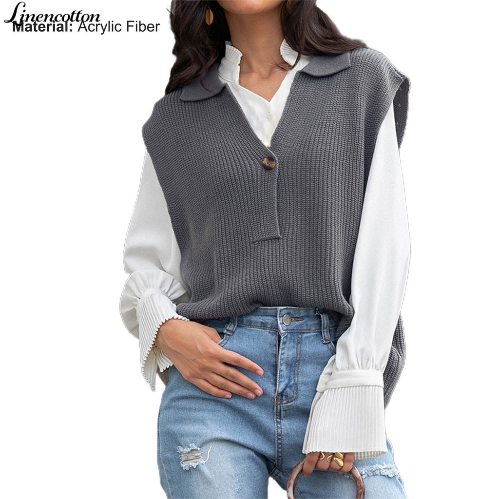 Áo cardigan dệt kim cổ chữ V không tay màu xám đậm bằng cotton lanh cho nữ | BigBuy360 - bigbuy360.vn