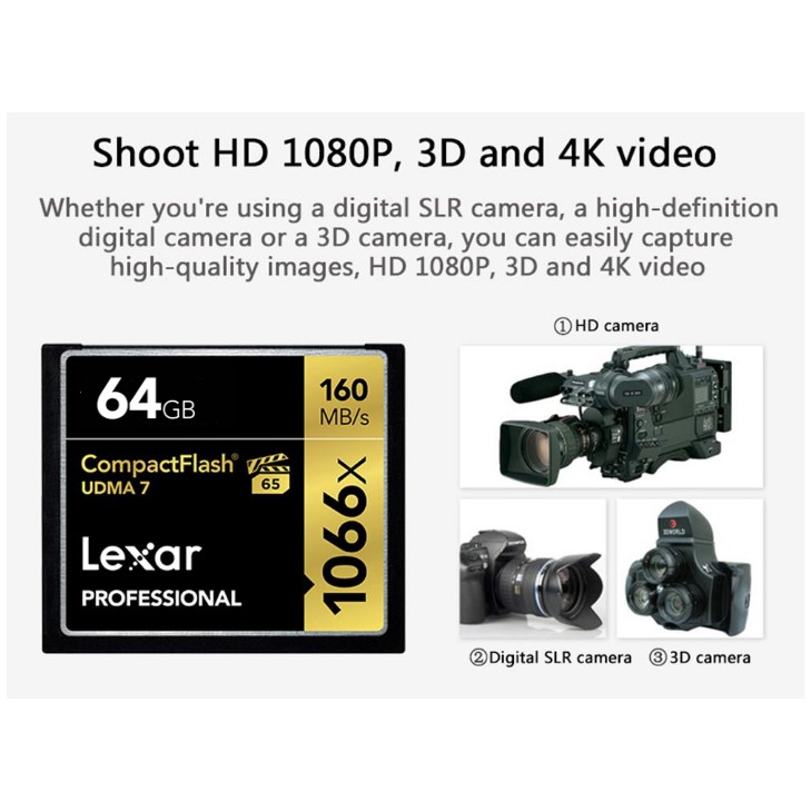 Thẻ nhớ CF Lexar 64GB Pro 1066X 160MB/s - cho máy ảnh chuyên nghiệp, tốc độ cao (Đen, Vàng)