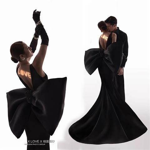 2021 váy nàng tiên cá eo đen mới với nơ lớn chụp ảnh cưới tạp chí chủ đề studio quần áo