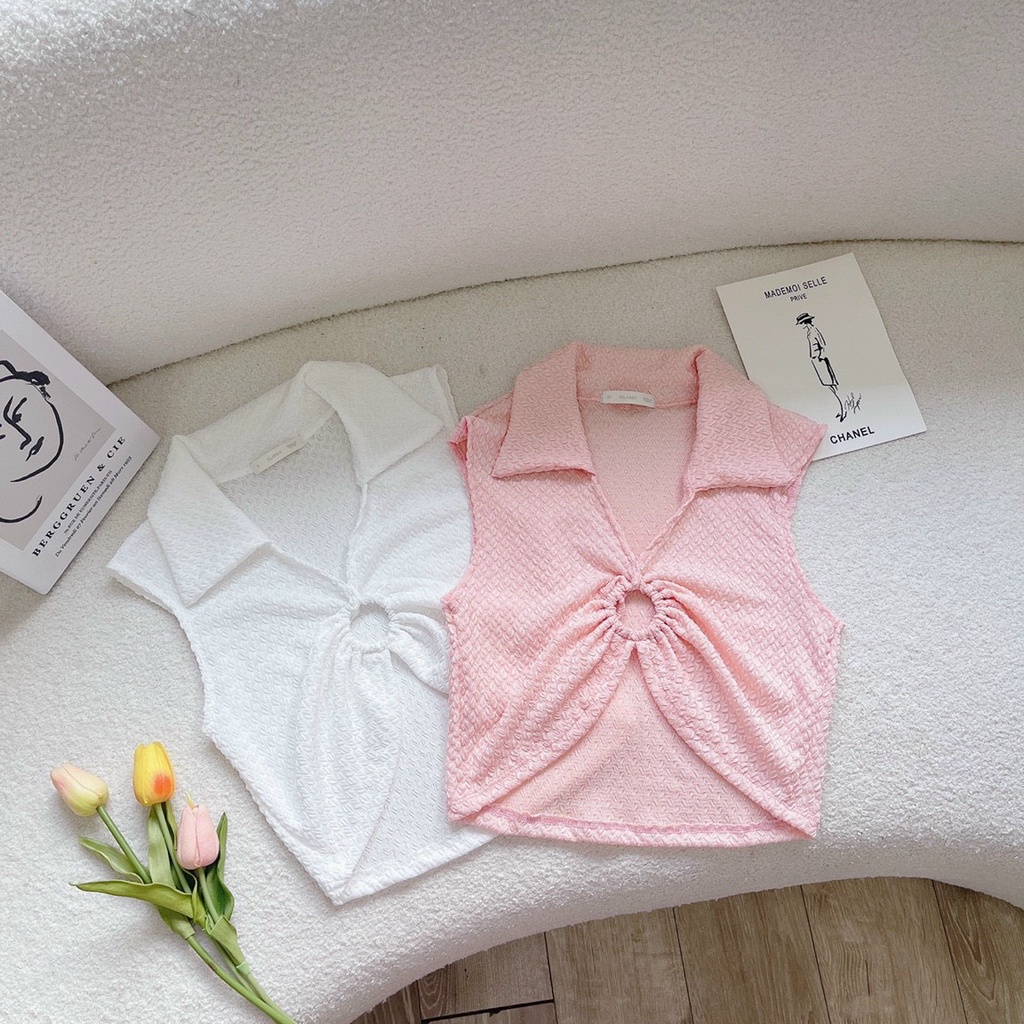 Áo thun nữ dáng croptop ba lỗ sát nách cổ bẻ chất xốp viền màu phối khoen ngực sexy
