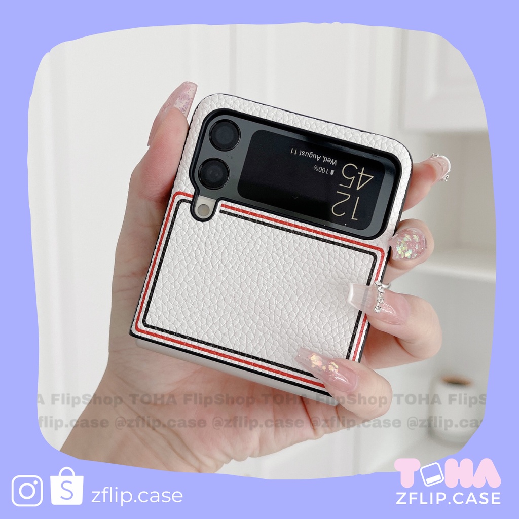 Ốp da Thom Browne trắng cho samsung Z Flip 3 / Z Flip 4 / Z Flip3 / ZFlip3 / Z Flip4/ ZFlip4
