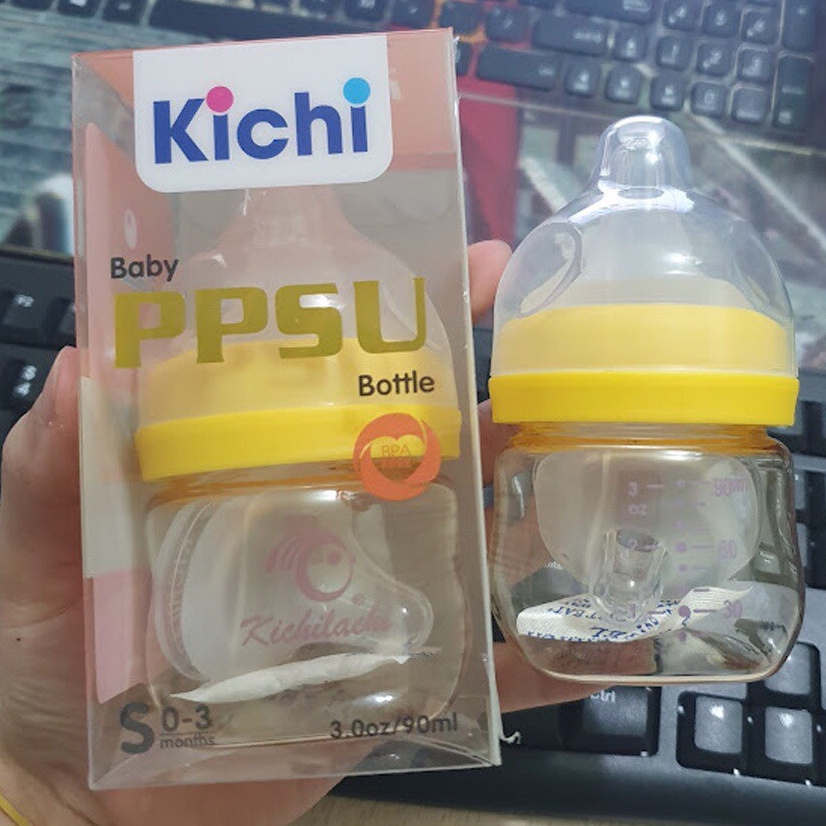 Bình sữa sơ sinh cổ rộng PPSU Kichilachi 90 ml kèm núm ty siêu mềm cho bé - Tặng núm ty