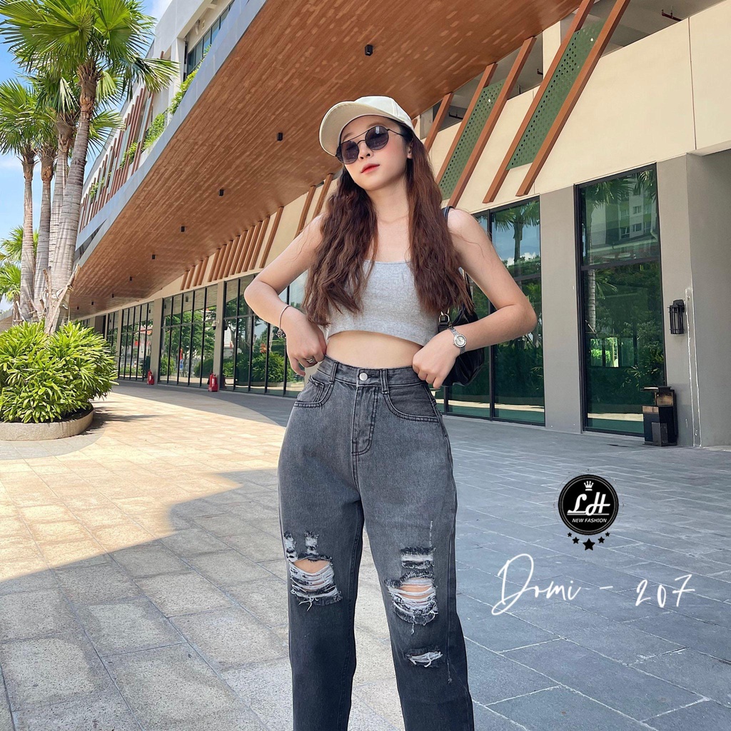 Quần bò baggy xám loang rách gối xả lai siêu cá tính Lê Huy Fashion MS 207