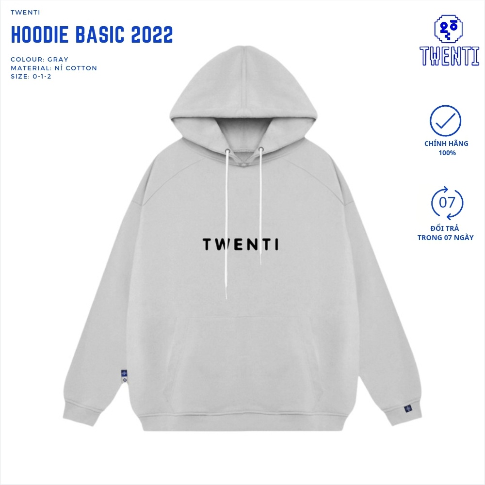 HOODIE TWENTI NỈ CHÂN CUA IN NỔI BASIC MÀU XÁM