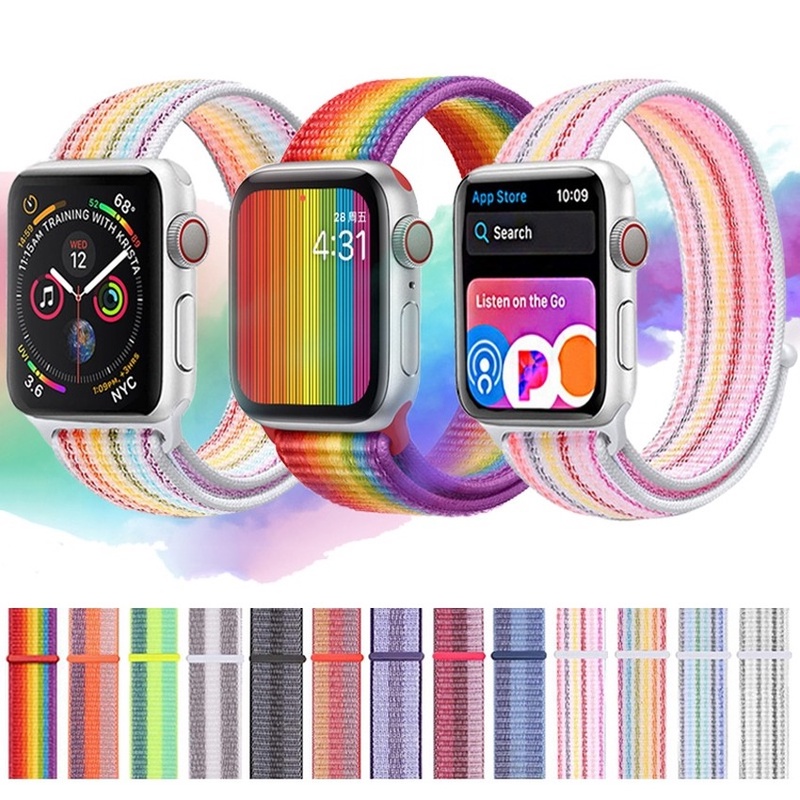 Dây Đeo Nylon Màu Cầu Vồng Cho Đồng Hồ Thông Minh Apple Watch Series SE 6 5 4 3 2 1 Ultra 8 41 45 49 44 40 42 38 mm