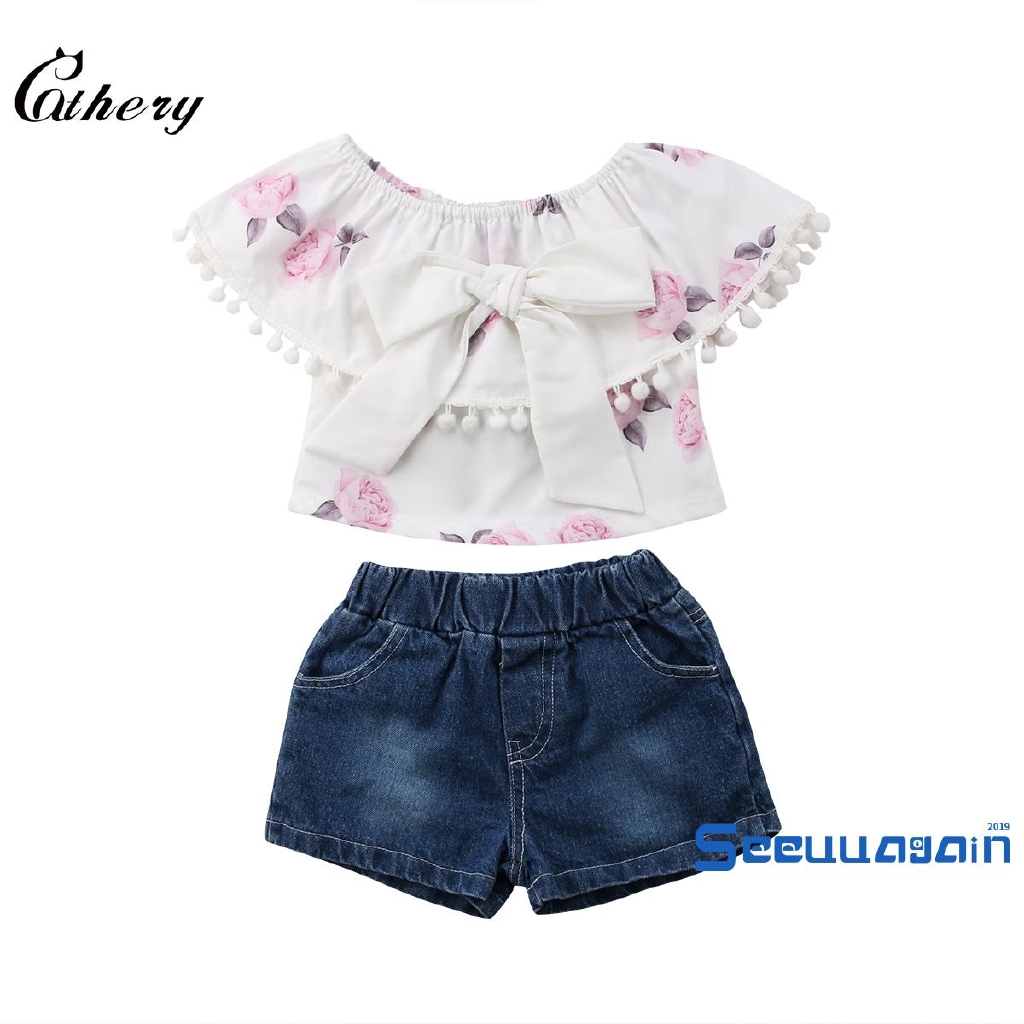 Set Áo Trễ Vai Và Quần Short Denim Xinh Xắn Dành Cho Bé Gái