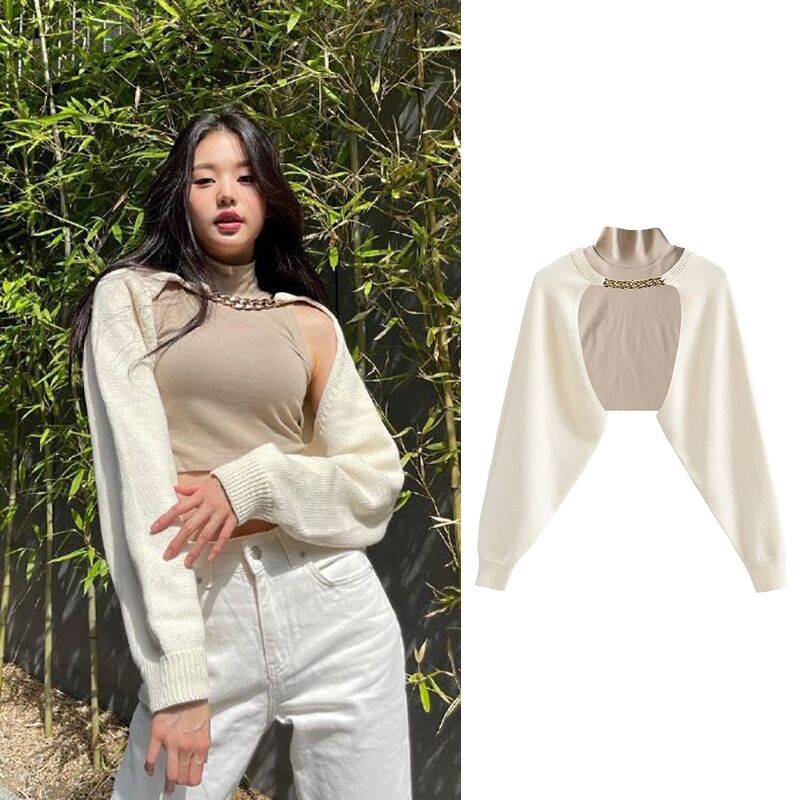 Ive Jang Won Young Áo Cardigan Dệt Kim Tay Dài Phối Dây Xích Kim Loại Thời Trang Quyến Rũ Cho Nữ