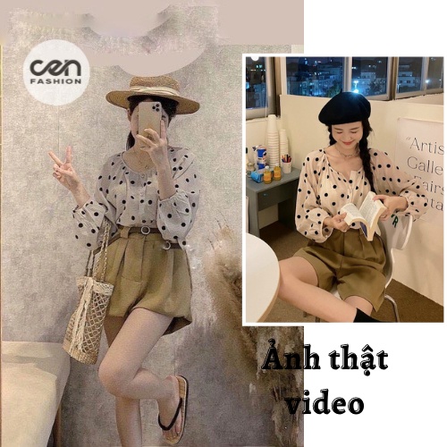 Sét áo chấm bi mix sooc lửng nâu be CEN FASHION