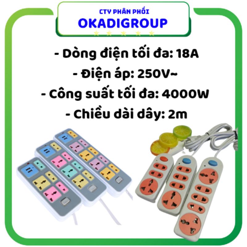 Ổ cắm điện đa năng giá rẻ OKADIGROUP, siêu bền, siêu chịu tải, nhựa PC chống cháy, chống giật, 2 cổng xác nhanh USB