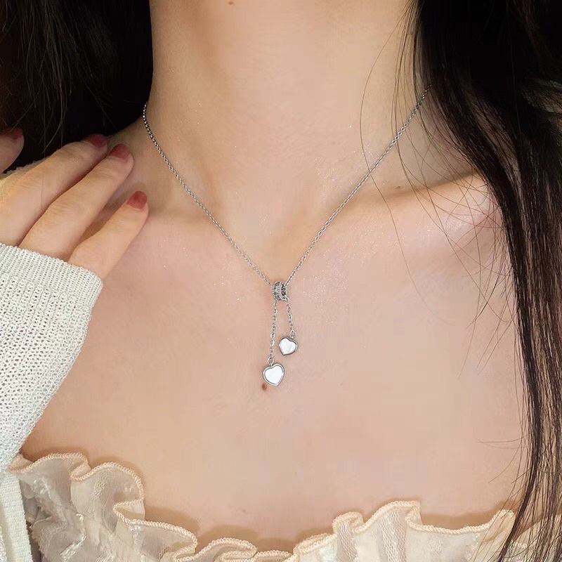 Vòng cổ nữ mặt hai trái tim pha lê trong suốt dễ thương V18