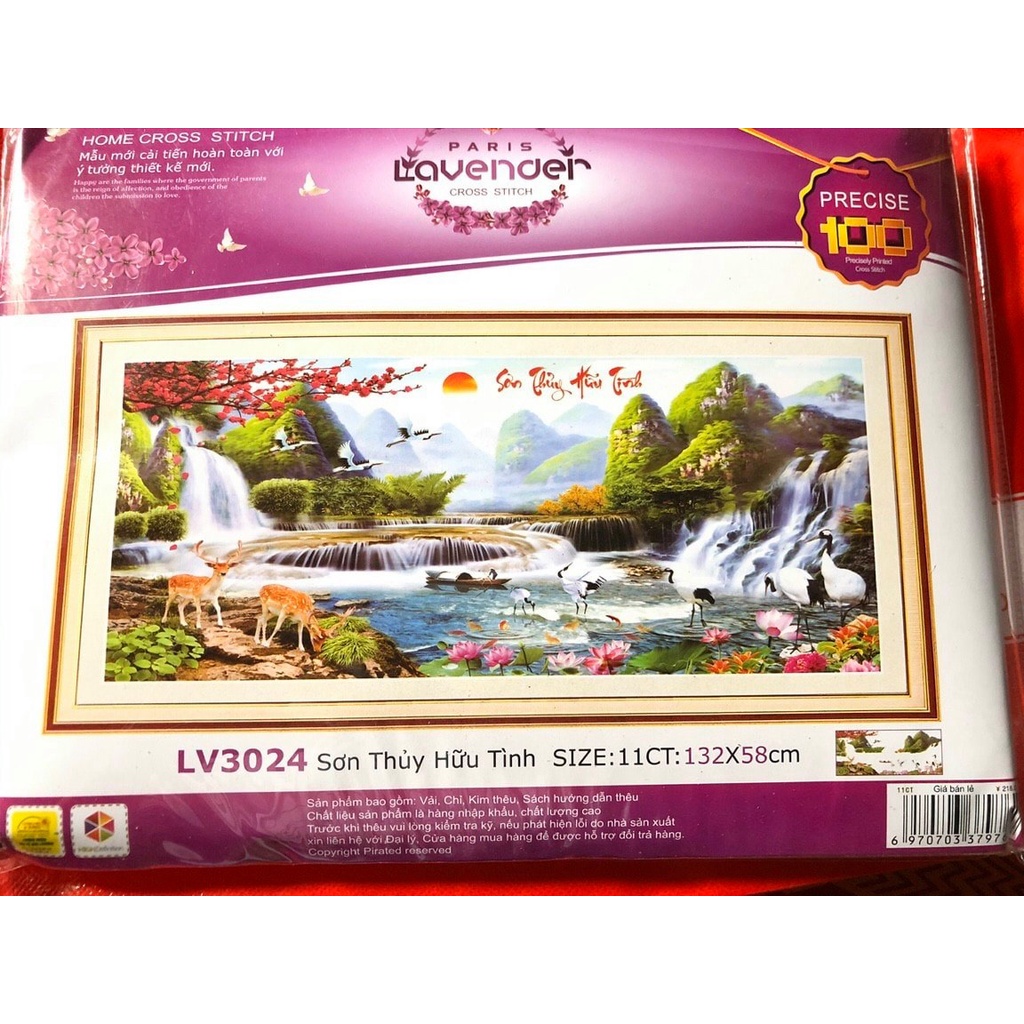 Tranh thêu chữ thập phong cảnh lưu thủy sinh tài KT:132x58cm, Tranh chưa thêu và chưa khung.
