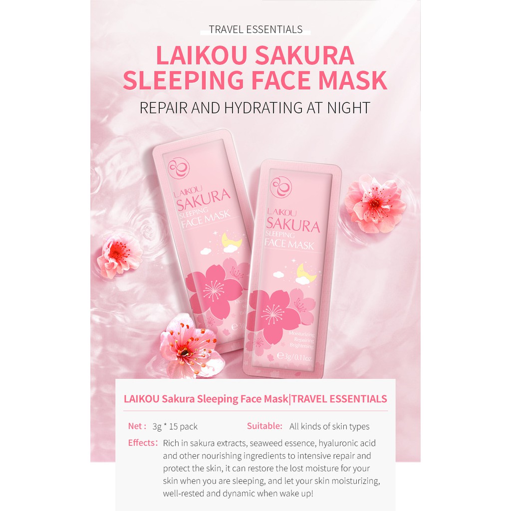 Combo 05 mặt nạ ngủ hoa anh đào LAIKOU giúp da mềm mịn, tăng độ đàn hồi cho da, trẻ hóa làn da SPU150
