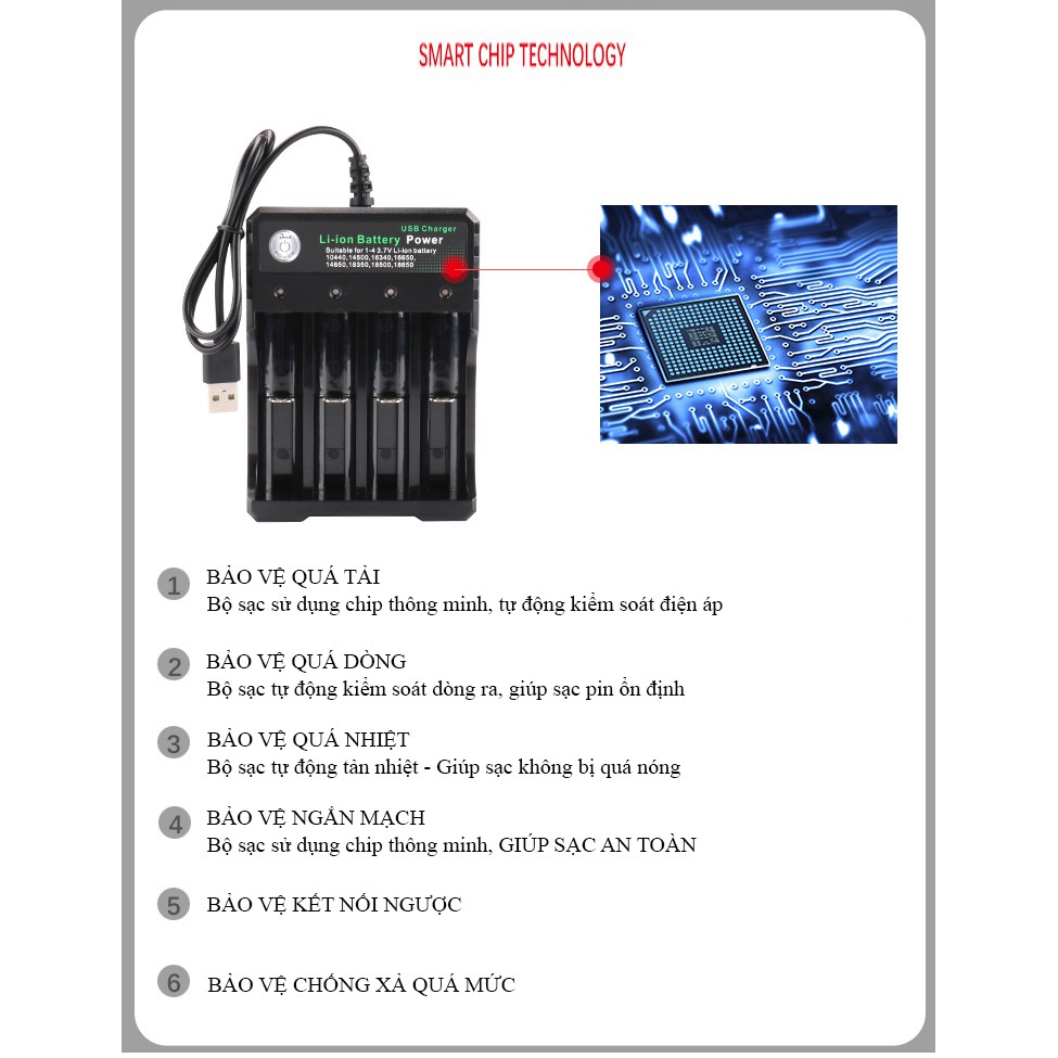 Sạc Pin 18650 - 04U Tự ngắt và có đèn báo khi đầy BMAX 4 Khe cao cấp dùng cho pin 18650 - BH-042100-04U