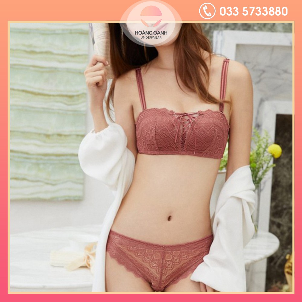 Bộ đồ lót Hoàng Oanh, set nội y ren bèo dây rút tạo khe gợi cảm mút vừa - 610