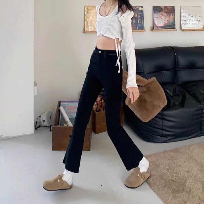 Quần jean ống loe cạp cao màu đen phụ nữ Quảng Châu