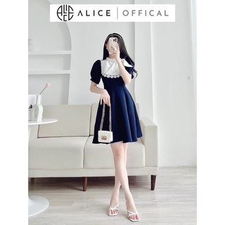Đầm Công Sở Tay Ngắn Dáng Xòe ALICE Thiết Kế Ren Cổ Phối Nơ Liền Điệu Đà, Sang Trọng V825