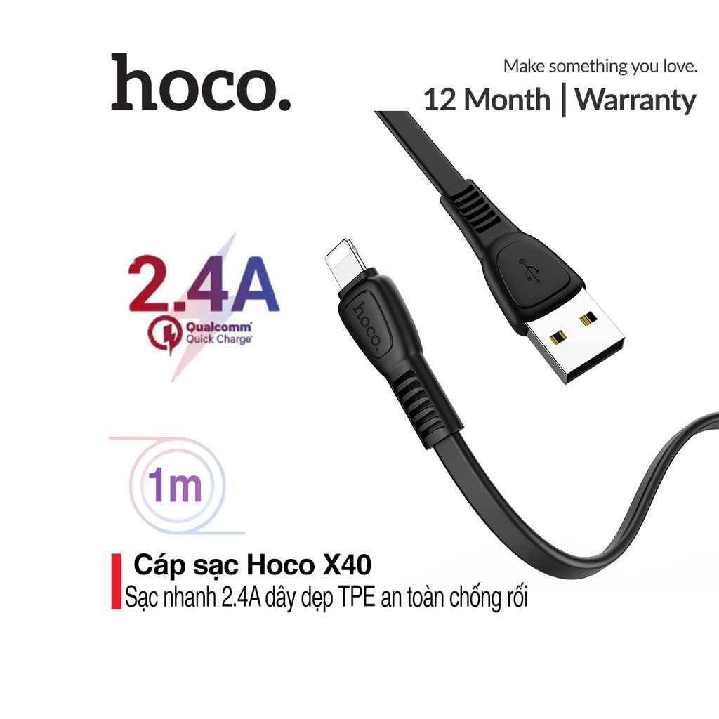 Cáp sạc nhanh và truyền dữ liệu Lightning Hoco X40, sạc nhanh 2.4A MAX, dây dẹt chống rối, chống đứt, dành cho iPhone