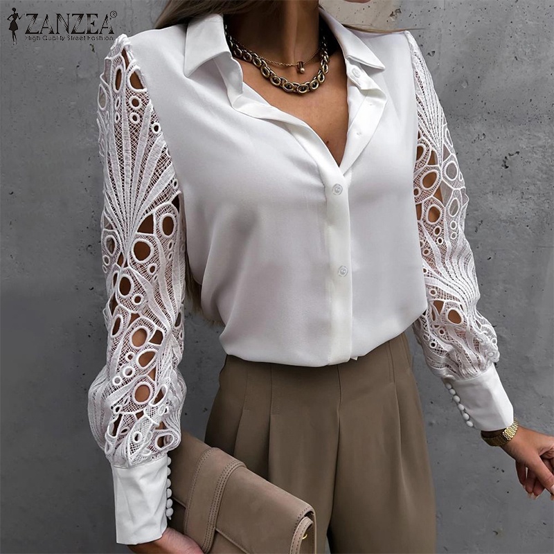 Zanzea Áo Sơ Mi Nữ Dài Tay Cổ Bẻ Form Dài Rộng Thời Trang Hàn