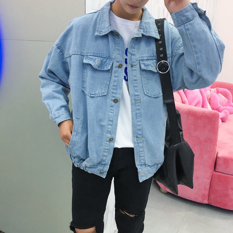 Áo khoác Denim dáng rộng thêu hoa và chim hạc kiểu Hàn Quốc cá tính cho học sinh