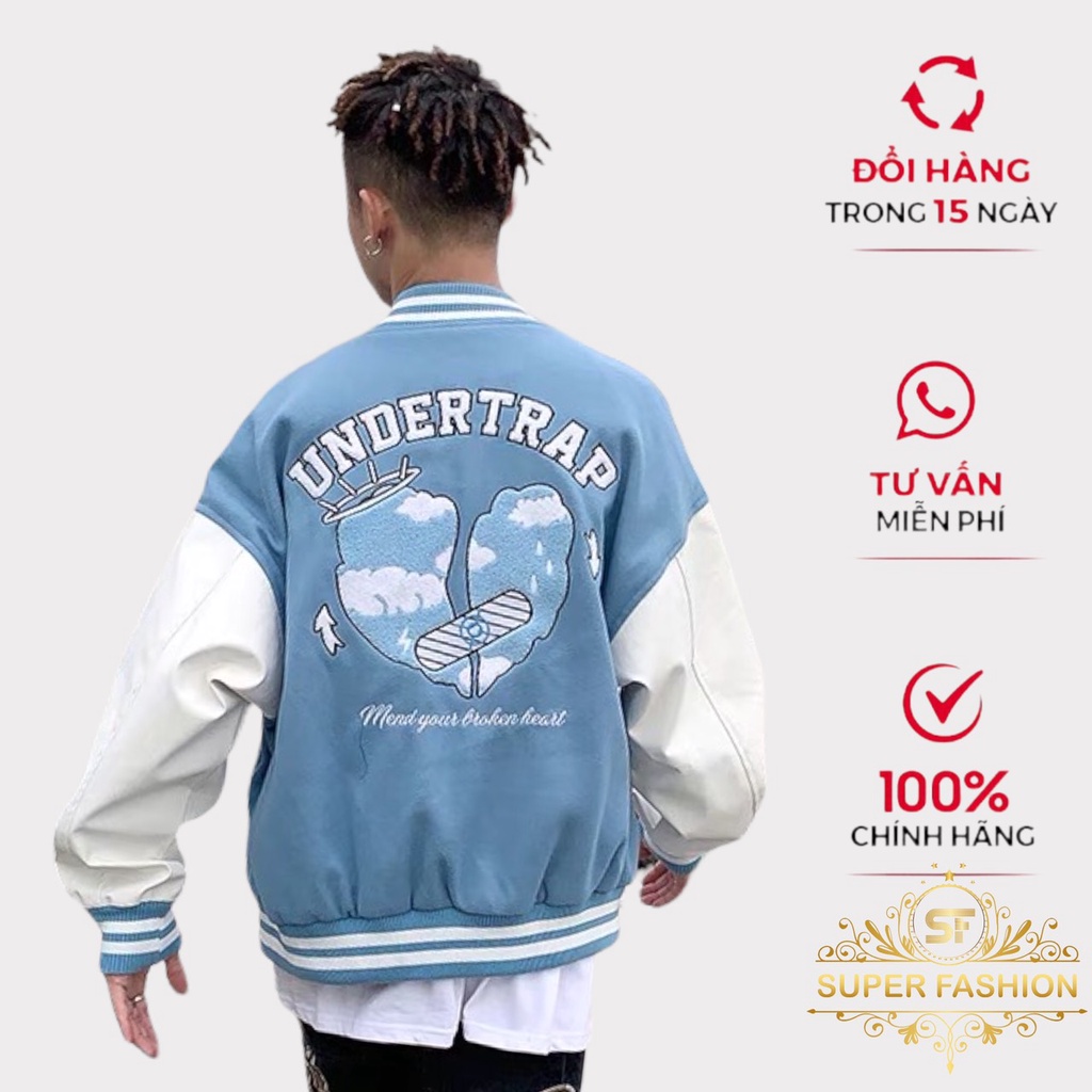Áo Khoác Bomber Nỉ Nam Phối Hai Màu Trắng Xanh Hình Thiên Thần Chữ U Phong Cách Thời Trang Trend SUPER FASHION