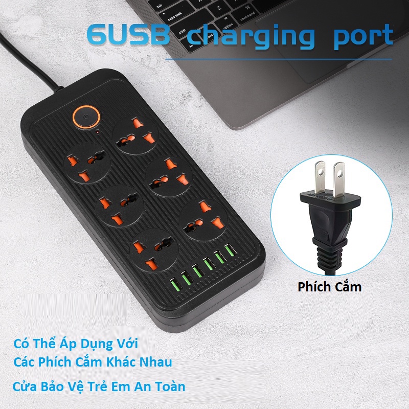 🌈A07 - 6USB + 6 Ổ Điện🌈 Ổ cắm điện đa năng thông minh chống cháy, có màn che an toàn cao cấp - Ổ cắm điện công suất cao