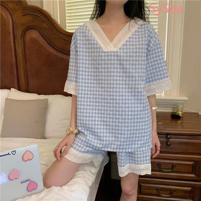 Bộ Đồ Ngủ Tay Ngắn Cổ Chữ V Phối Ren Dành Cho Nữ