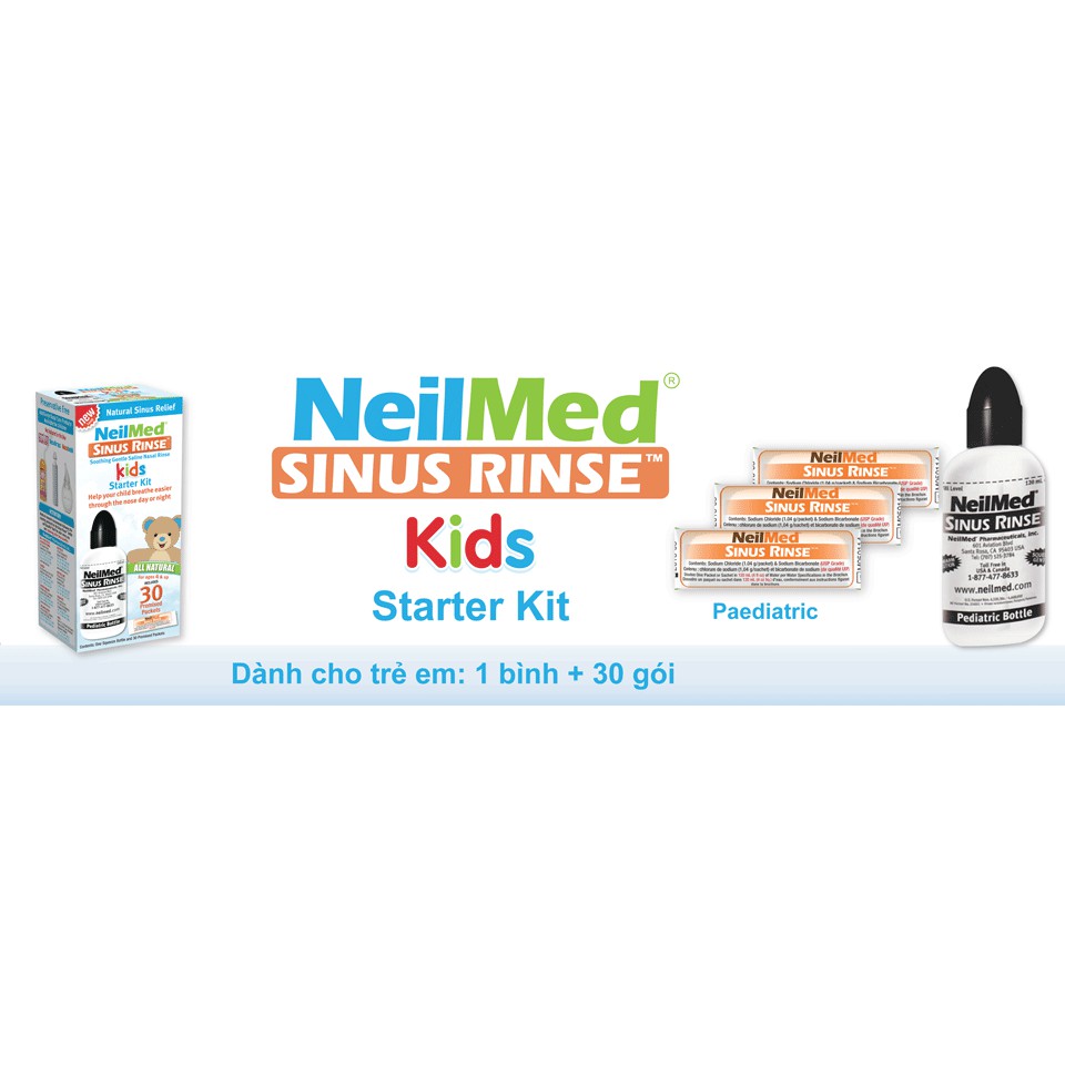 Bình(Bộ Dụng Cụ) Xịt Rửa Mũi Xoang Bé NeilMmed Sinus Rinse Paediatric Kit (1 bình + 30 gói hỗn hợp muối rửa)