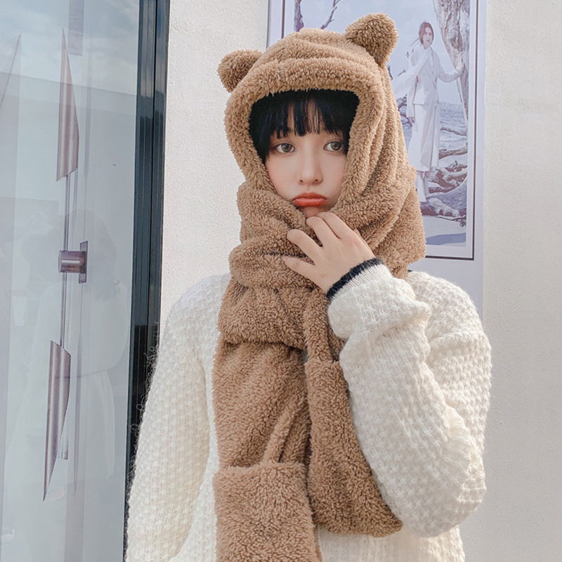 Khăn quàng cổ kiêm mũ trùm và găng tay thiết kế hình tai gấu dễ thương xinh xắn