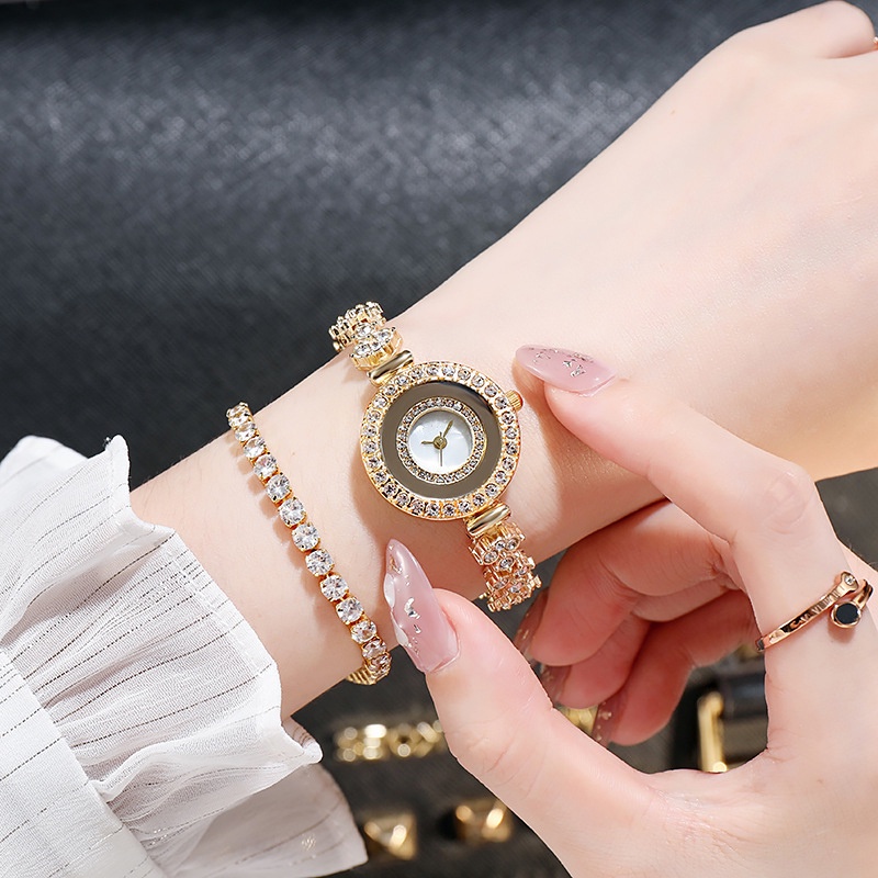 Đồng Hồ Thời Trang Nữ Mặt Đính Hột Xoàn Dây Vàng Hồng