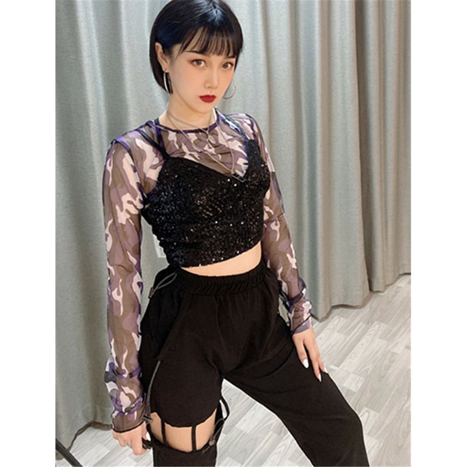 Set áo croptop dancer Lisa - Áo lưới loang dài tay - Bra kim sa đen