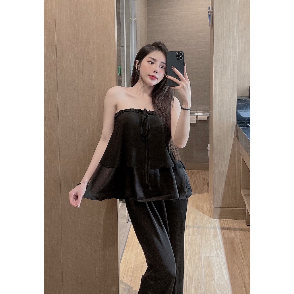 Đồ mặc nhà 2 dây yếm Sexy lụa slatin Siêu Mát
