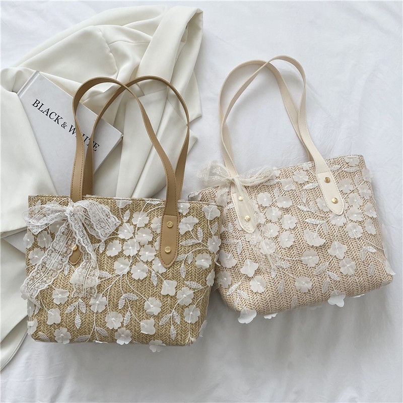 Túi Cói Đeo Vai Phối Ren Kiểu Pháp Thời Trang Mùa Hè Cho Nữ