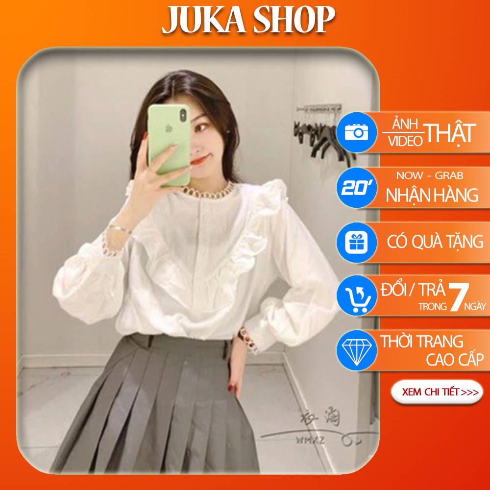 Áo sơ mi nữ trắng cổ bèo viền tay xinh xắn Juka Shop