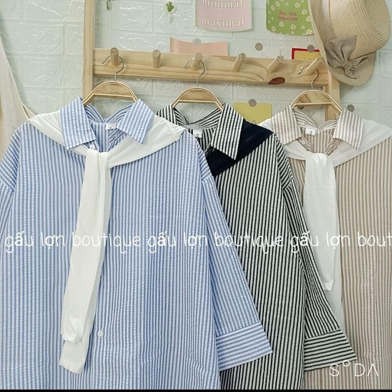 Áo sơ mi kẻ sọc kèm khăn quàng phong cách hàn quốc dáng tay lỡ