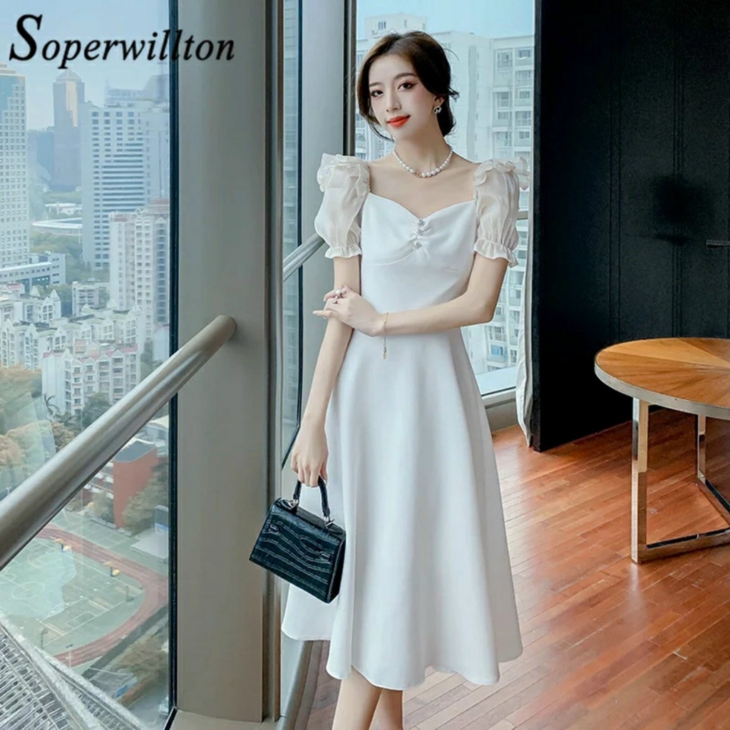 Đầm tiểu thư dáng dài đi chơi, đầm dự tiệc cưới siêu xinh với tà dáng dài cúp ngực phối tay phồng phong cách hàn quốc