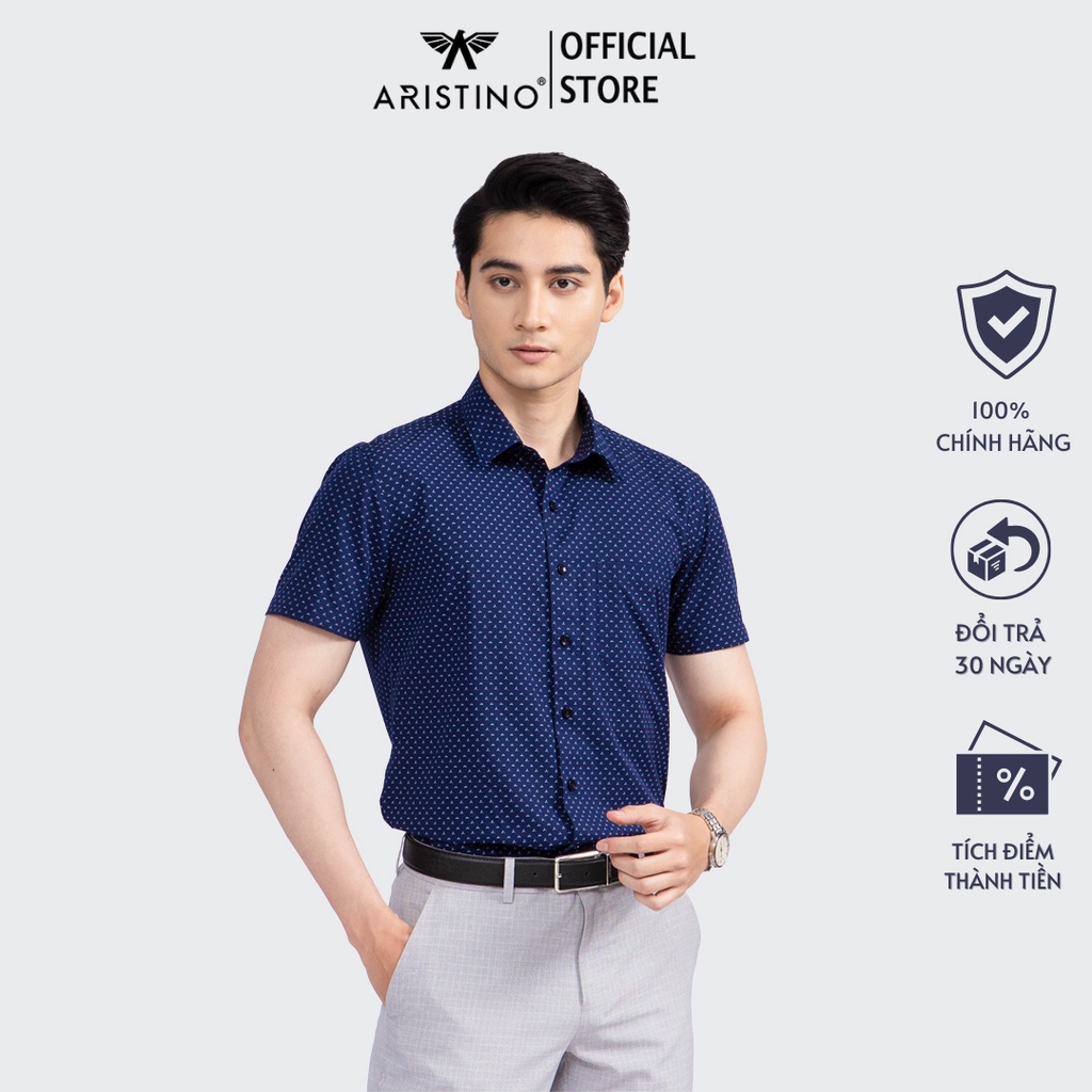 Áo sơ mi nam ngắn tay ARISTINO phom Perfect fit, màu xanh tím than in họa tiết độc đáo - ASS296S2