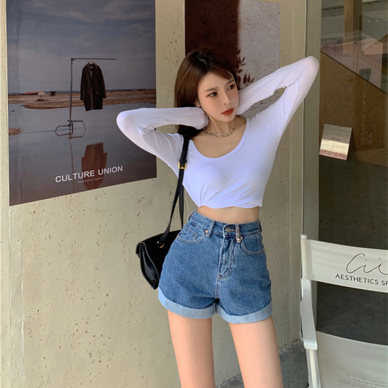 Quần Đùi Denim Lưng Cao Thời Trang Dành Cho Nữ