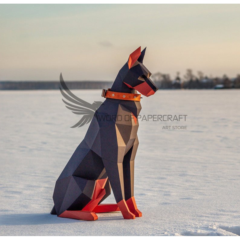 Bộ kit Mô hình giấy 3D Chó Doberman chuẩn trang trí nhà cửa, shop thời trang