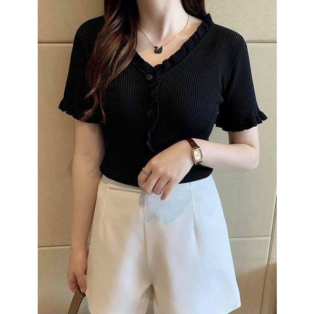 Áo Gân Viên Bèo Cổ V Tay Ngắn Cực Đẹp Siêu Trend TTVV0066