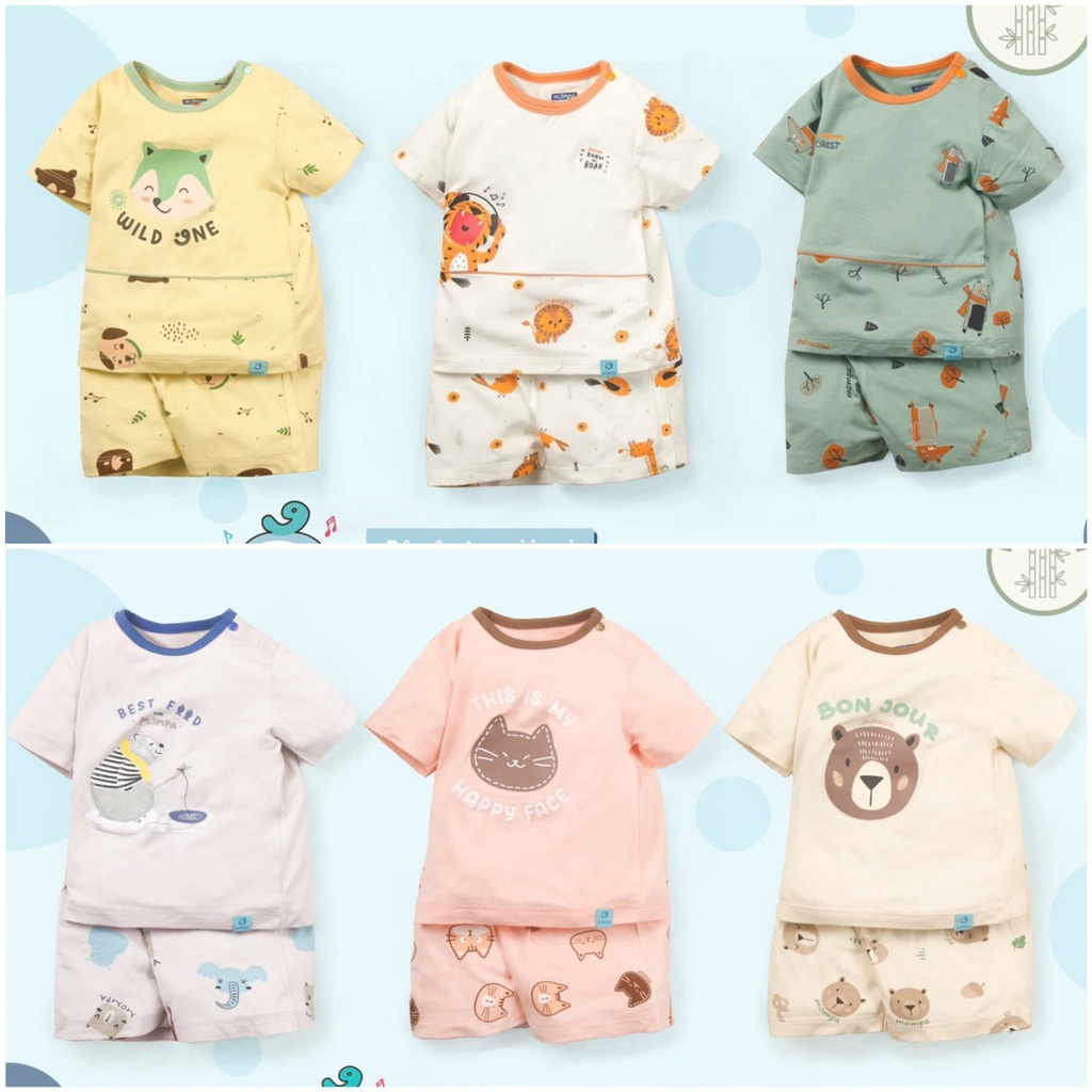 Bộ quần áo cộc tay cài vai cotton họa tiết trẻ em Mompa