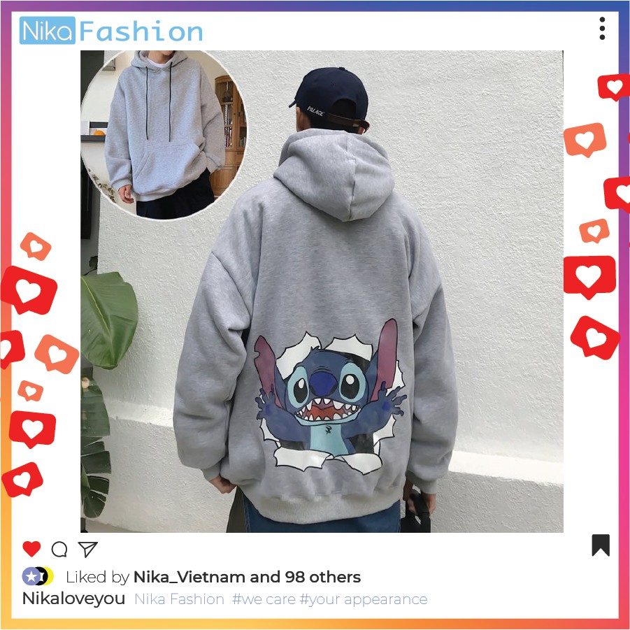 Nikafashion Áo Hoodie Nón Unisex Nam Nữ Chất Vải Nỉ Freesize 1 kích cỡ Form Dáng Rộng Dưới 65kg Mặc Đẹp S.T.I.C.K