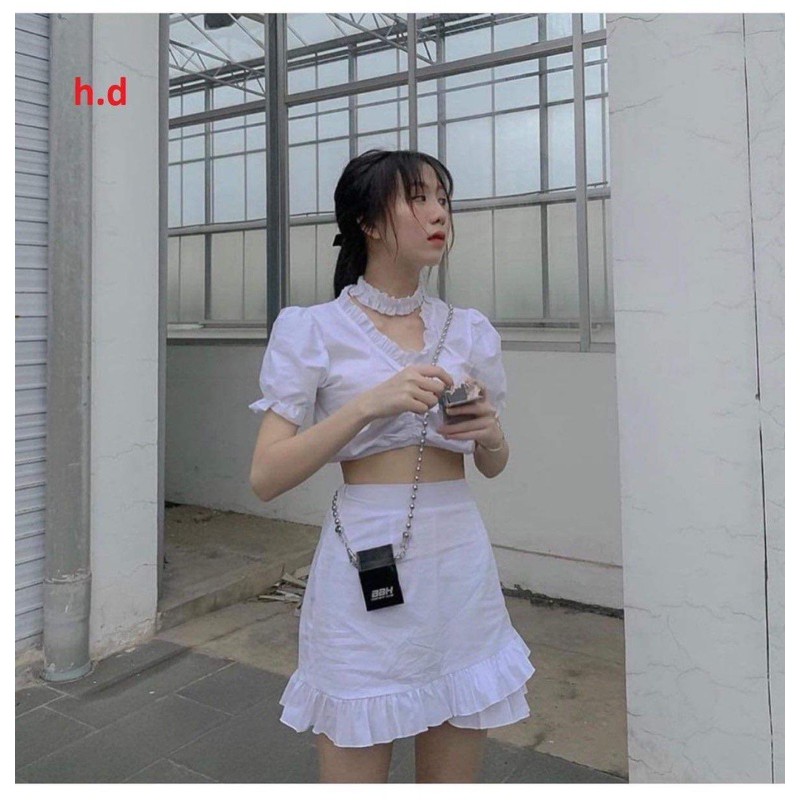 [Mã FAXANH245 giảm 10K đơn 50K] Sét váy cổ V chun eo + chân váy 2 tầng chéo HD55 | BigBuy360 - bigbuy360.vn
