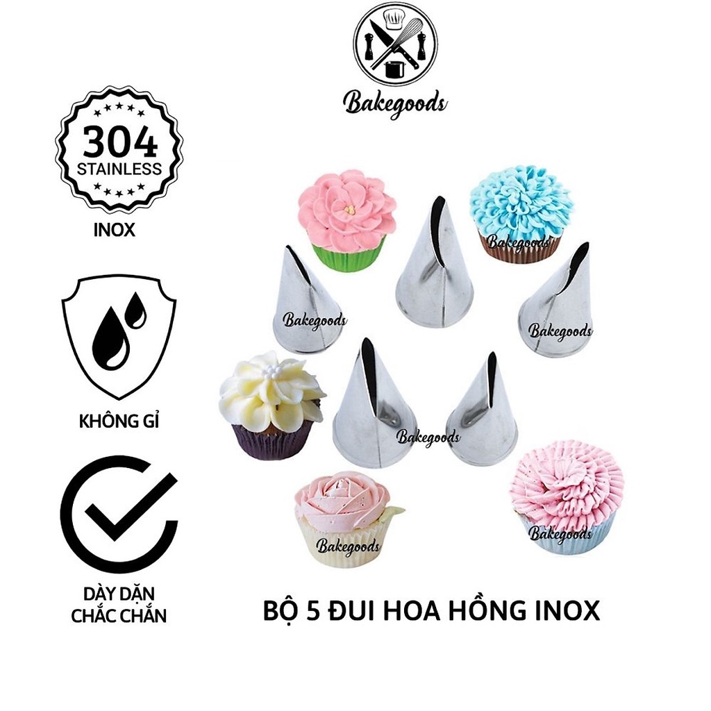Bộ 5 đui bắt hoa, Bộ đuôi bắt hoa hồng trang trí bánh bằng inox không gỉ dày dặn, cứng cáp