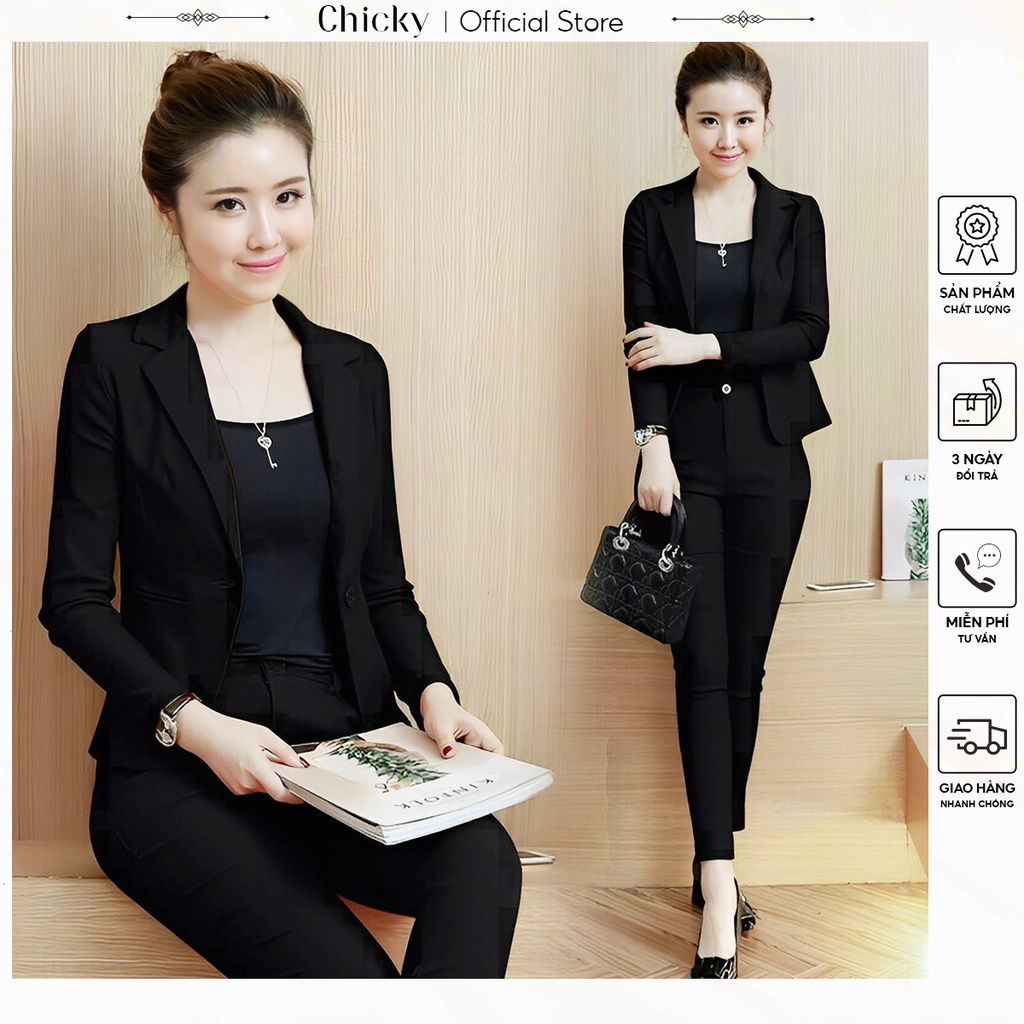 set bộ đồ nữ 3 món áo vet kèm áo thun trong phối cùng với quần dài thời thượng