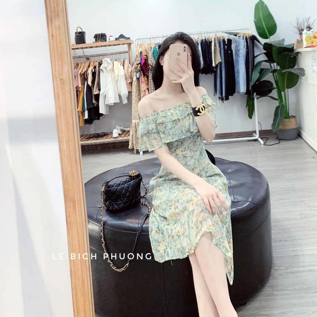 Đầm Xanh Hoa Lụa Trễ Vai | BigBuy360 - bigbuy360.vn