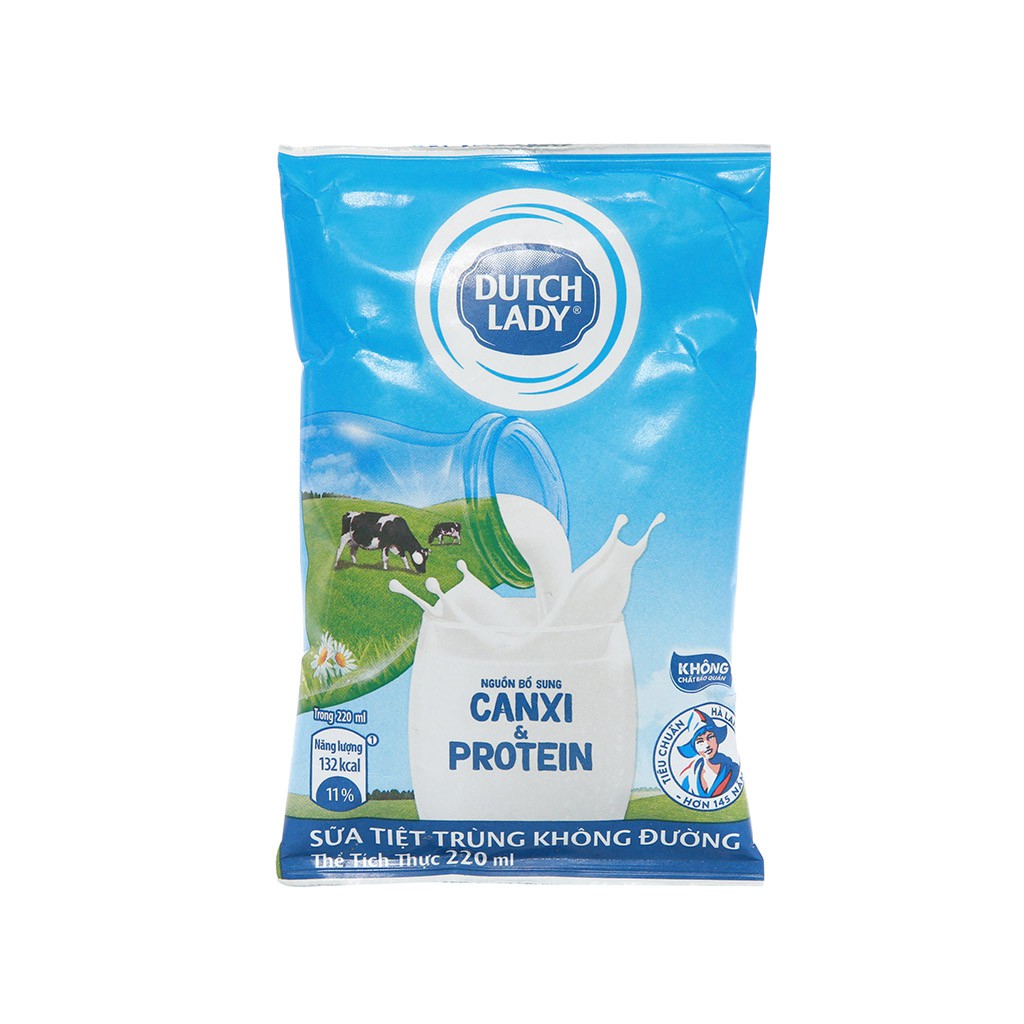 6 BICH Sữa tiệt trùng không đường Dutch Lady Canxi &amp; Protein 220ml