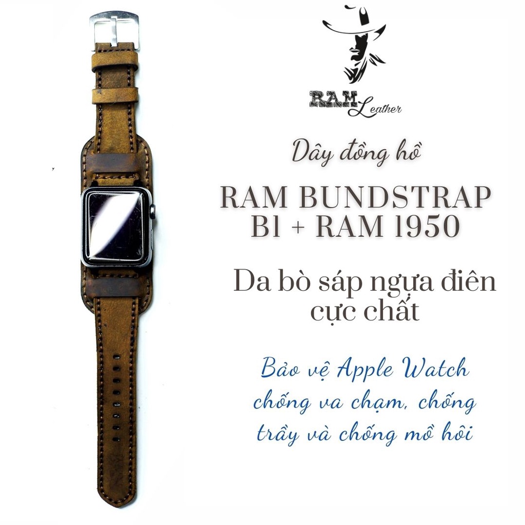 Dây Apple Watch , iWatch , iphone Watch da bò nâu đất kèm bundstrap chống mồ hôi RAM Leather b1