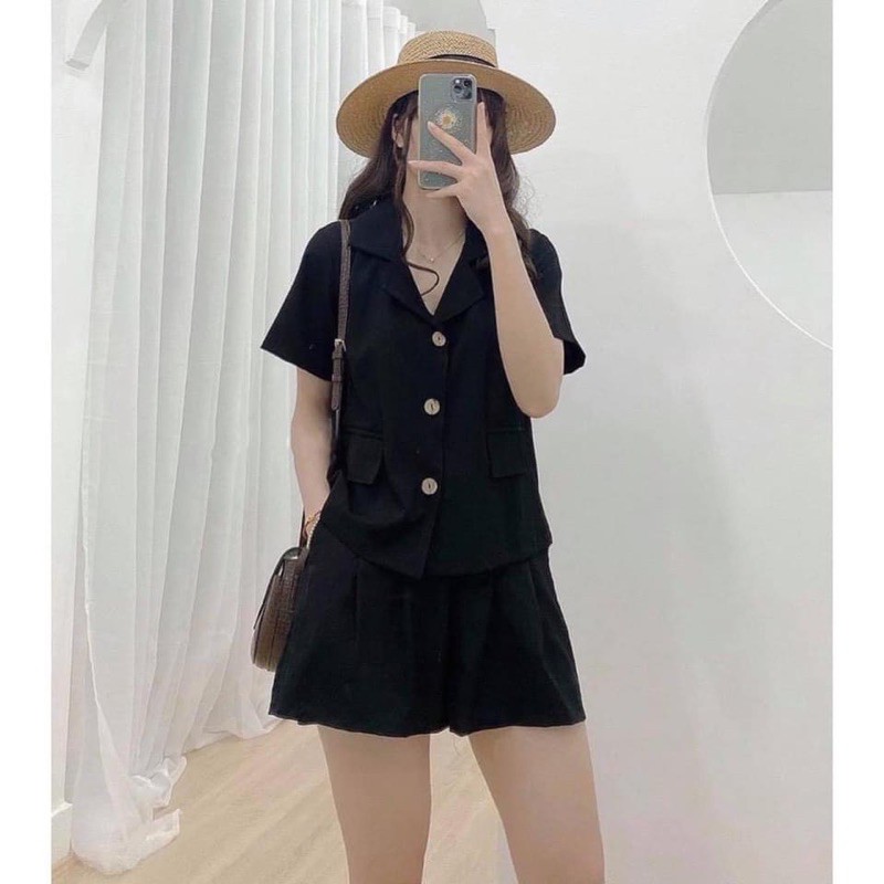 Set áo ngắn tay cổ vest quần đũi váy Ulzzang