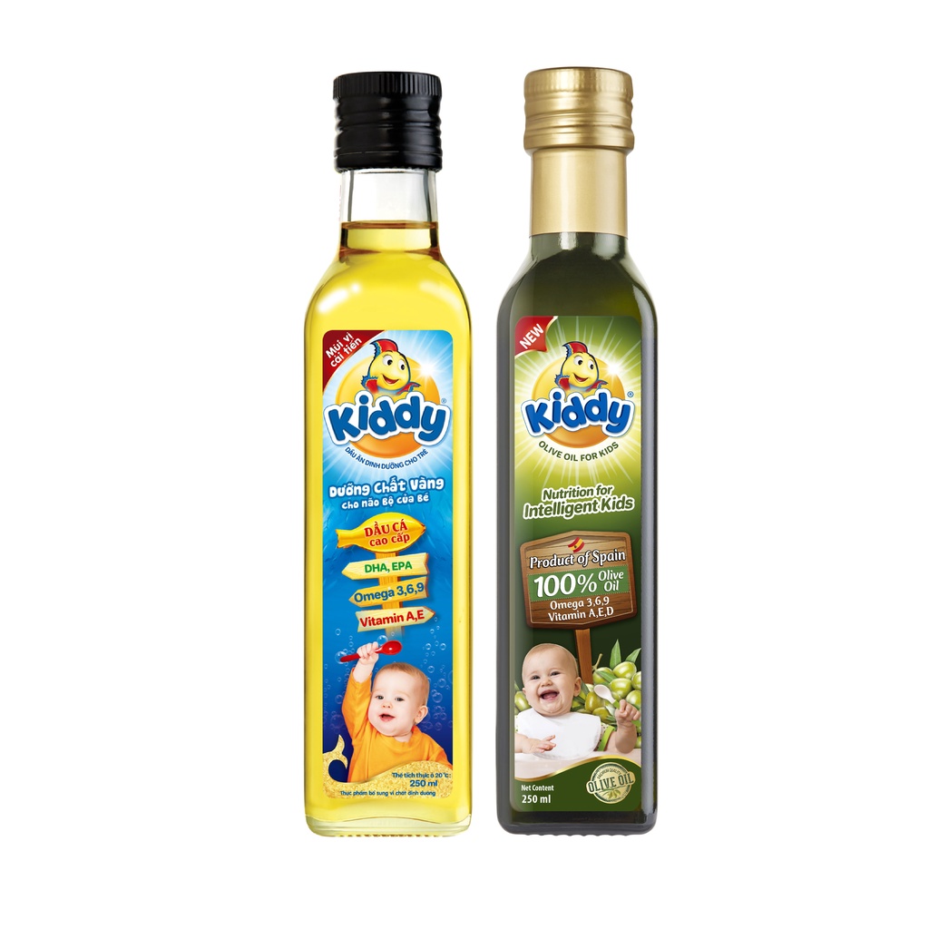 Combo 2 chai Dầu ăn dinh dưỡng Kiddy 250ml/chai và Dầu olive Kiddy 250ml/chai